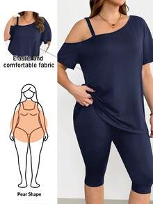 Shapeblank Bộ đồ nữ cỡ lớn mùa xuân/hè thời trang, thoải mái, co giãn, tôn dáng, gồm áo tay ngắn trễ vai và quần skinny màu đen, thích hợp mặc hàng ngày, quần áo mùa hè, bộ quần áo, trang phục sân bay. - Màu xanh hải quân - Xem 1