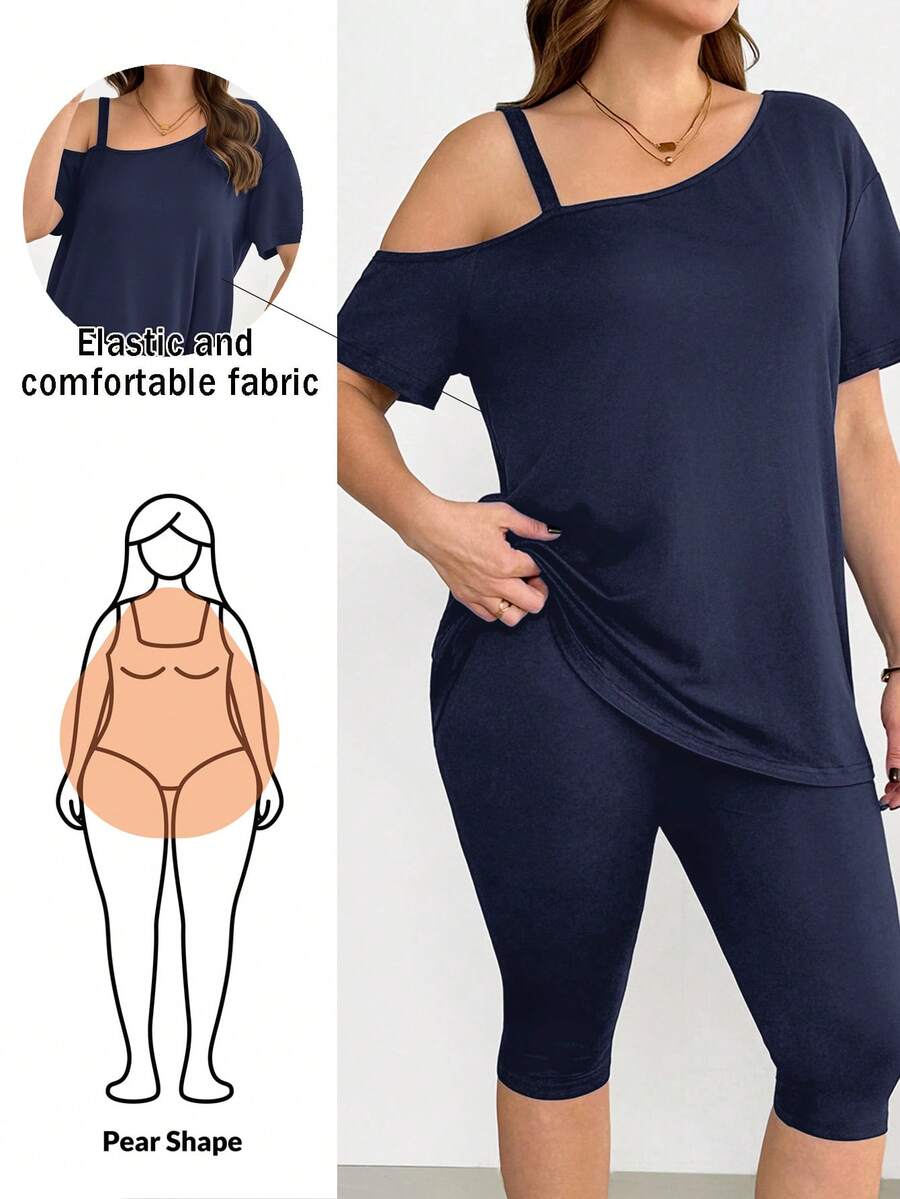Shapeblank Bộ đồ nữ cỡ lớn mùa xuân/hè thời trang, thoải mái, co giãn, tôn dáng, gồm áo tay ngắn trễ vai và quần skinny màu đen, thích hợp mặc hàng ngày, quần áo mùa hè, bộ quần áo, trang phục sân bay. - Màu xanh hải quân - Xem 1