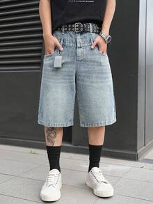 Manfinity EMRG Men's Casual Street Style Embroidered Blue Wide Leg Denim Shorts - Light Wash - View 8