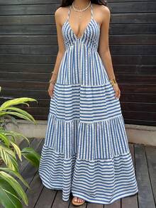 Sunnyshic Đầm hè nữ kẻ sọc phối nhiều mảnh, cổ chữ V sâu, hở lưng, buộc eo, kiểu dáng thời trang, thanh lịch và gợi cảm cho kỳ nghỉ biển. - Màu xanh lam - Xem 5