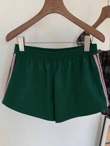 Comfortcana Quần short nữ cạp chun kẻ sọc dáng rộng, thích hợp cho mùa hè, mùa đông, Giáng sinh, Tết Nguyên đán Y2K, đi chơi và chơi thể thao, quần short màu xanh ô liu Y2K. - Màu xanh lá cây đậm - Xem 2