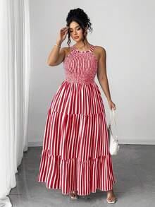 SHEIN Elenzya Đầm eo xếp ly cổ yếm kẻ sọc dọc dành cho nữ cỡ lớn - Đỏ - Xem 4
