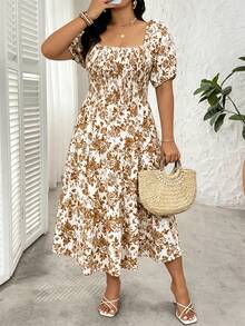 SHEIN Clasi Plus Size Women's Square Neck Casual Resort Summer Dress - Khaki - View 3