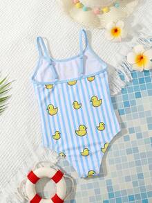 SHEIN Jeune fille Maillot de bain à imprimé canard mignon, tenue polyvalente décontractée pour la plage, la natation, les vacances à Hawaï. Maillot de bain à imprimé canard, maillots de bain pour jeune fille, maillot de bain moelleux - Bleu ciel - Voir 2