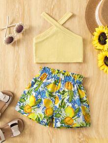 SHEIN Babygirl Summer Vacation Solid Color Knit Camisole & Floral Print Shorts Set - Multicolor - View 1