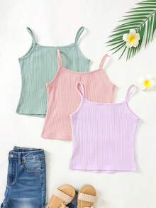SHEIN 3pcs Tween Girls' Solid Color Knit Camisole Sports Streetwear Set - Multicolor - View 2