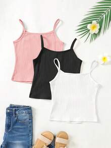 SHEIN 3pcs Tween Girls' Solid Color Knit Camisole Sports Streetwear Set - Multicolor - View 2