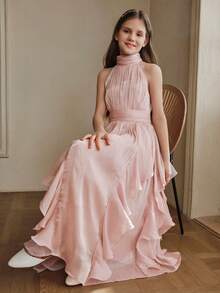 Anewsta Summer French Elegant Pink Iridescent Ruffle Trim Halter Neck Girls Dress - Pink - View 8