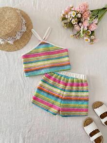 SHEIN Baby Mädchen Sommer Urlaub Lässig Strick Bunt Gestreift Blumen Muster Trägerhemd und Shorts Set mit Gummibund - Verschiedenfarbig - Übersicht 3