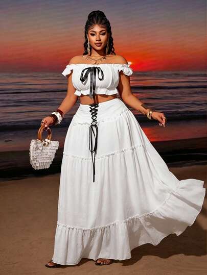 Maweii Plus Size Solid Color Cropped Top With Tie Waist And Split Hem Skirt 2 Pieces Set