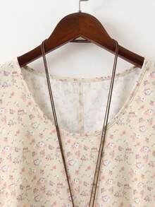 Linhara Plus Size Women's Summer Round Neck Ruffle Trim Short Sleeve Ditsy Floral Color Block Peplum Blouse - Brown - View 3