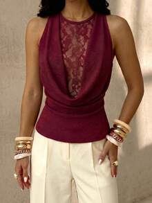 Modelyn Blusa elegante y romántica de mujer con textura de encaje de parchwork, sin mangas, con recogido en la cintura y línea A, en color rojo vino, para primavera/verano - Burdeos - Ver 5