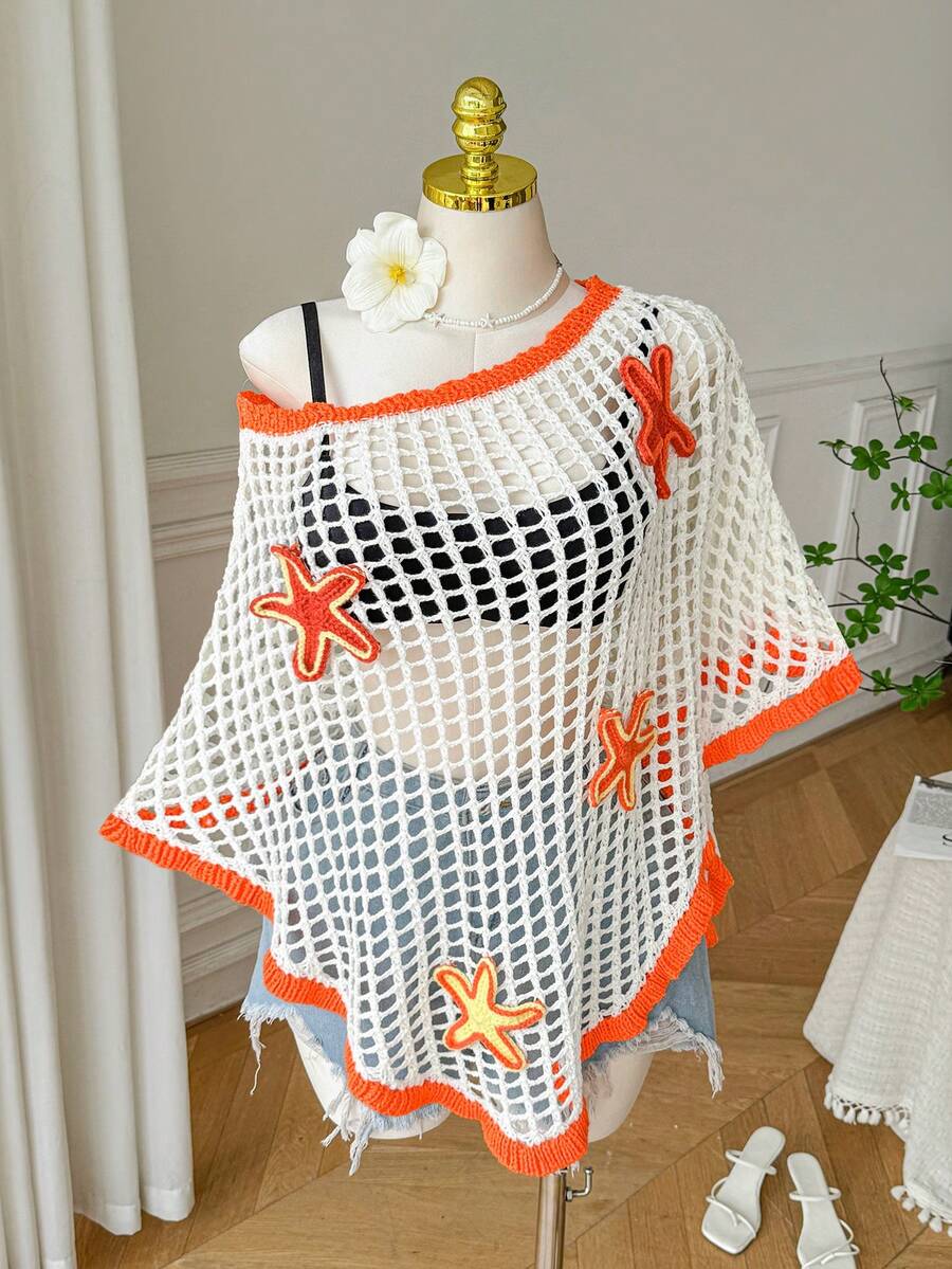 Comfortcana Plus Size Women's Summer Beach Holiday Vacation Holiday Starfish Trim Batwing Sleeve Hollow Loose Sweater White And Orange Boho - Beige - View 1