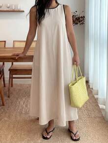 大码女式休闲宽松无袖圆领长连衣裙，夏季休闲连衣裙，适合苹果型和圆润身材 - 杏色 - 查看 4
