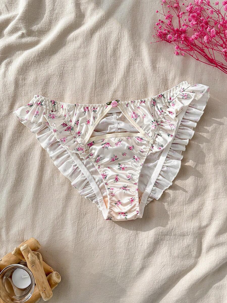 CottageSlumber Floral Heart Ditsy Floral Colorblock Floral Lace Satin Ruffle Hem Ruffle Trim Bow Countryside Romantic Open Back Women's Panties - White - View 1