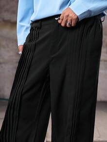 Skyrend Men's Black Wide Leg Pants With Pleated Design, Street Style Long Trousersemo - Black - View 6