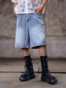 Skyrend Men's Casual Street Style Blue Denim Printed Shorts - Light Wash - View 4