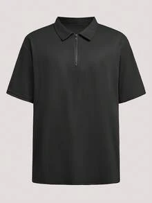 Driftmere 复古男士华夫格纹两件套：黑色半拉链 Polo 衫搭配休闲短裤，简约日常穿搭 - 黑色 - 查看 3