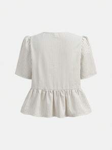 SHEIN Girlism Kids Teen Girls Elegant Commuter Woven Striped Black & White Contrast Bow Decor Short Sleeve Blouse, Back To School Season Blouses For Girls Blouses For Teens - Apricot - View 2