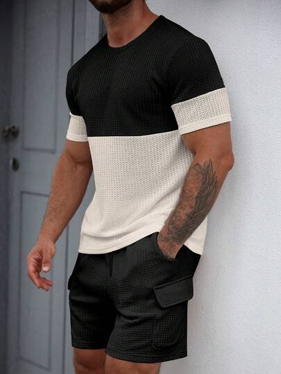 Manfinity CasualCool Conjunto casual de camiseta de manga corta de cuello redondo y pantalones cortos con contraste de color para hombre