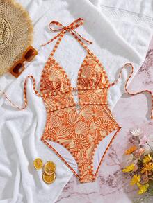 Swim Vcay Retro Urlaubsstil Damen Badeanzug, Orange & Beige Farbblock, Meeresbewohner Muster, Halter Nacken Krawatte, doppellagige Ausschnitt-Metallstern Dekoration, hochgeschnittene Rückseite, Vintage Urlaubsstil, Frühling Ostern Strand Küsten Resort Chic - Orange - Übersicht 4