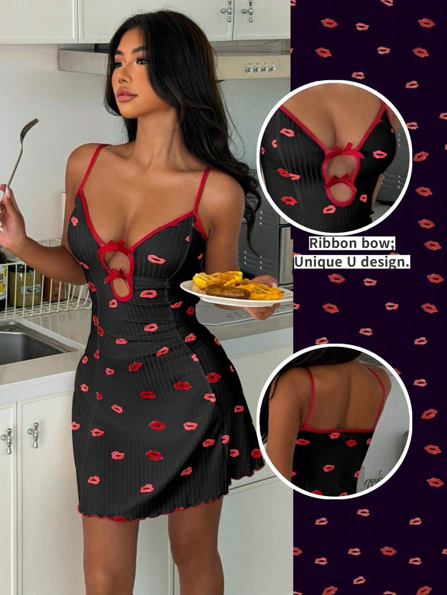 ZzzCrew Camisola feminina sexy com laço vermelho nos lábios, fenda e babados canelados. - Preto - Ver 1