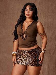 Rustia Lace Patchwork Twist V-Neck Camisole Top, Sexy Hollow Out Fitted Black Shirt For Summer - Brown - View 7