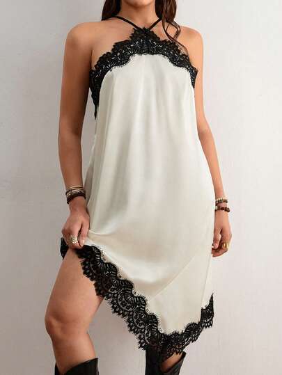 Freevana Ivory Satin Slip Dress With Black Lace Trim – Halter Neck Design With Contrast Floral Lace Detail, Asymmetrical Hem Cut, Fluid Draped Silhouette, Slim Elegant Fit, Women's Midi Dress For Party, Evening, Or Chic Everyday Styling