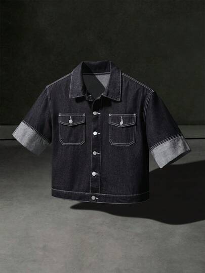 Manfinity Denimwave Áo khoác denim thô tay ngắn cổ bẻ dành cho nam, Áo sơ mi denim tay ngắn dành cho nam.
