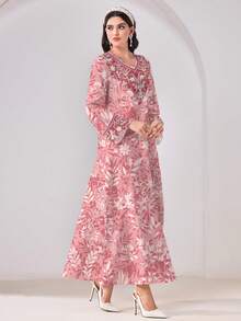 SHEIN Najma Đầm dạ hội kiểu Ả Rập thanh lịch, thoải mái, in hoa dành cho nữ. - Nhiều màu - Xem 4