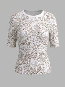 EMERY ROSE Women's Lace Floral Print Round Neck Short Sleeve T-Shirt - White - View 3