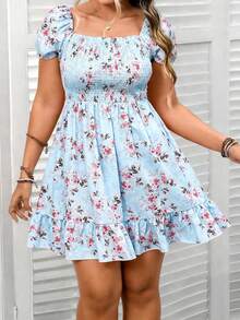 Elenzga Plus Size Women's Pink Floral Square Neck Dress, Puff Sleeve, Flattering, Casual/Work/Vacation Soft Aesthetic Short Skater Dress - Blue - View 6