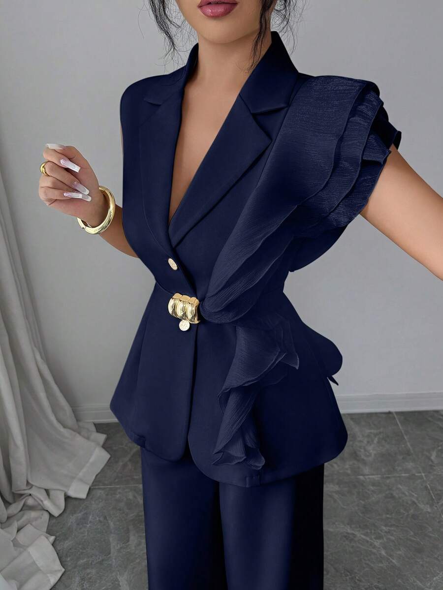 SHEIN Elenzya 女士优雅杏色奢华正式礼服套装,亮片欧根纱荷叶边领系腰西装套装,包括无袖外套和直筒裤,酒红色,适合万圣节、圣诞节、新年派对、毕业典礼、婚礼和其他场合。 - 藏蓝色 - 查看 1