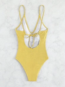 SHEIN Swim 女士纯色吊带连体泳衣，适合海滩度假、泳池派对、沙滩派对 - 黃色 - 查看 2
