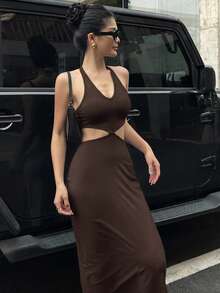 DAZY Women's V-Neck Bodycon Halter Dress Sun Dresses For Women Summer - Brown - View 4