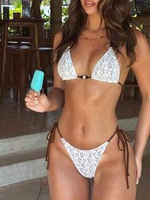 Swim Vcay Textured Triangle Cup Lace Patchwork Halter Contrast Color Bikini Set Golf White Summer Sexy - Brown - View 5
