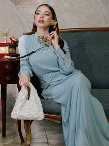 ZEYLAH Women's Turtleneck Pearl Beaded Pleated Long Sleeve Dress - Lake Blue - View 11