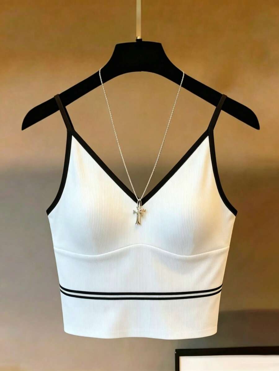 Franclia 女士吊带背心，可作外衣穿着。白色细肩带上衣，黑色滚边。适合海滩度假，可爱又不失优雅，适合秋冬季女士服装、国庆新年外出、优雅时尚的通勤装、办公室休闲装、百搭优雅风、都市风格、教师工作服。 - 黑與白 - 查看 1