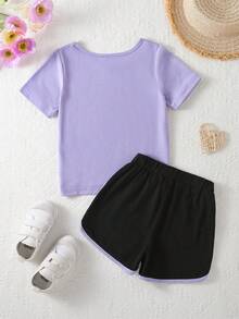 SHEIN 2件套 女童夏季休闲爱心印花T恤和短裤套装 - 彩色 - 查看 2