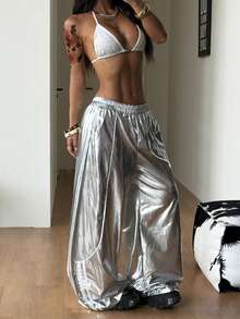 Coolane Women's Metal Texture Pocket Loose Casual Wide Leg Pants - Silver - View 5