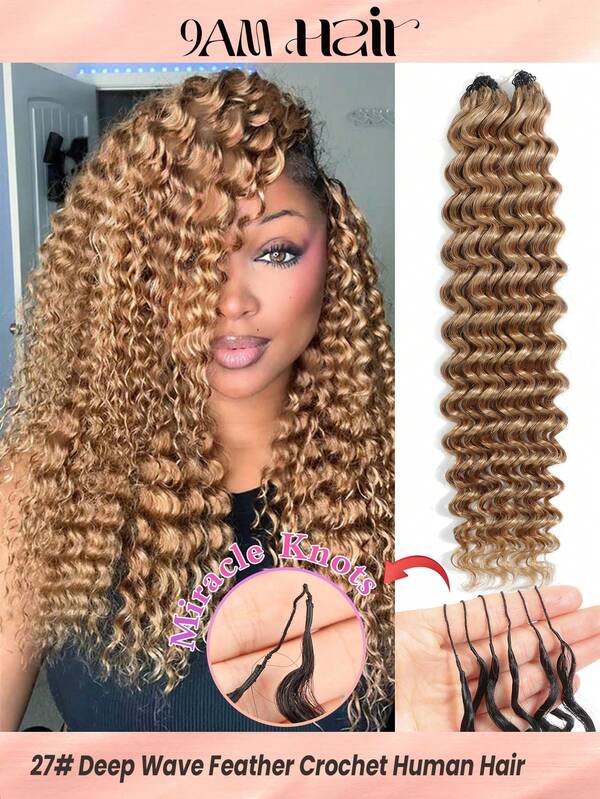 Boho Braids Tóc giả móc sợi Miracle Knots làm từ 100% tóc thật Remy, kiểu Feather Line, mềm mượt như lụa, không đường nối, màu trơn 27# vàng mật ong, thích hợp cho tóc mỏng, dành cho nữ, kiểu tóc uốn lượn sâu, tóc nối nguyên chất.