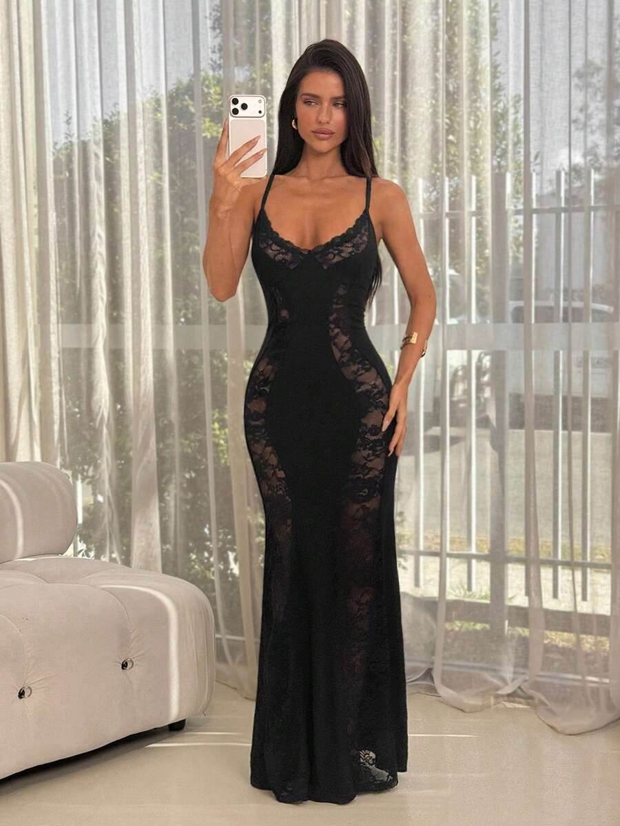 SHEIN ICON 不对称网纱拼接紧身胸衣美人鱼长裙 - 黑色 - 查看 1