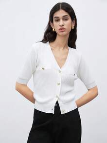 BizChic 女款針織短袖單排扣優雅休閒通勤約會日畢業季音樂節顯瘦百搭高級夏季上衣 - 白色 - 查看 8