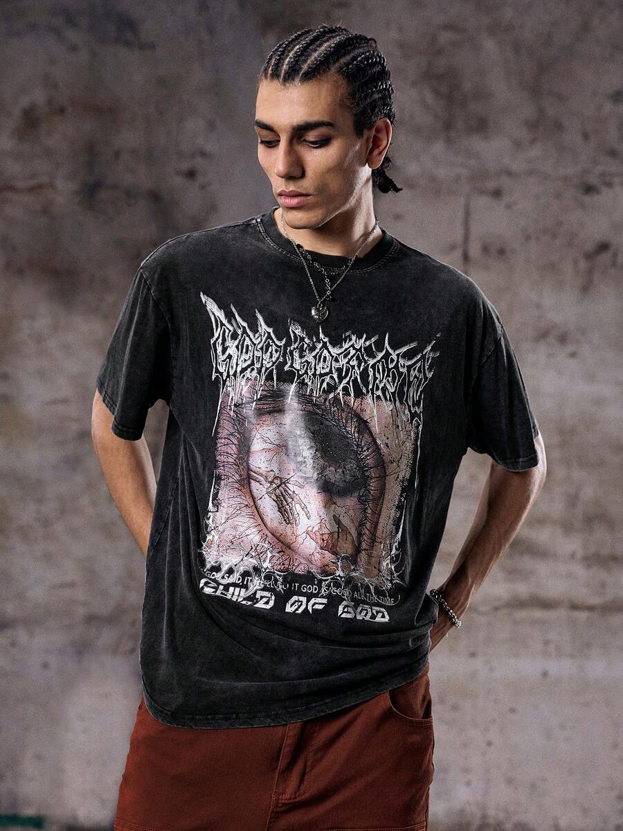 Skyrend Men's Shirt, Gothic Punk Streetwear Emo Vintage Washed Pattern Casual, Lightweight, Loose Fit, Outdoor Daily, Spring Summer - Black - View 1