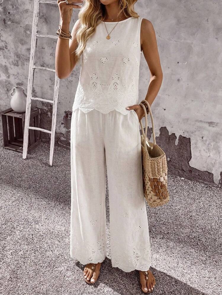 Women's Summer Vacation Hollow-Out Embroidered Top And Pants 2 Pieces Set Summer Outfits For Women Vacation Outfits Women Holiday Outfits For Women Summer Holiday Outfits Country Concert Outfit Two Piece Set Women Summer Two Piece Set 2 Piece Vacation Outfit Two Piece Vacation Set 2-Piece Going Out Sets For Women White Two-Piece Outfit For Women Matching Sets For Women Resort Wear Women Vacation White Beach Outfit Women Greece Vacation Outfits Women
