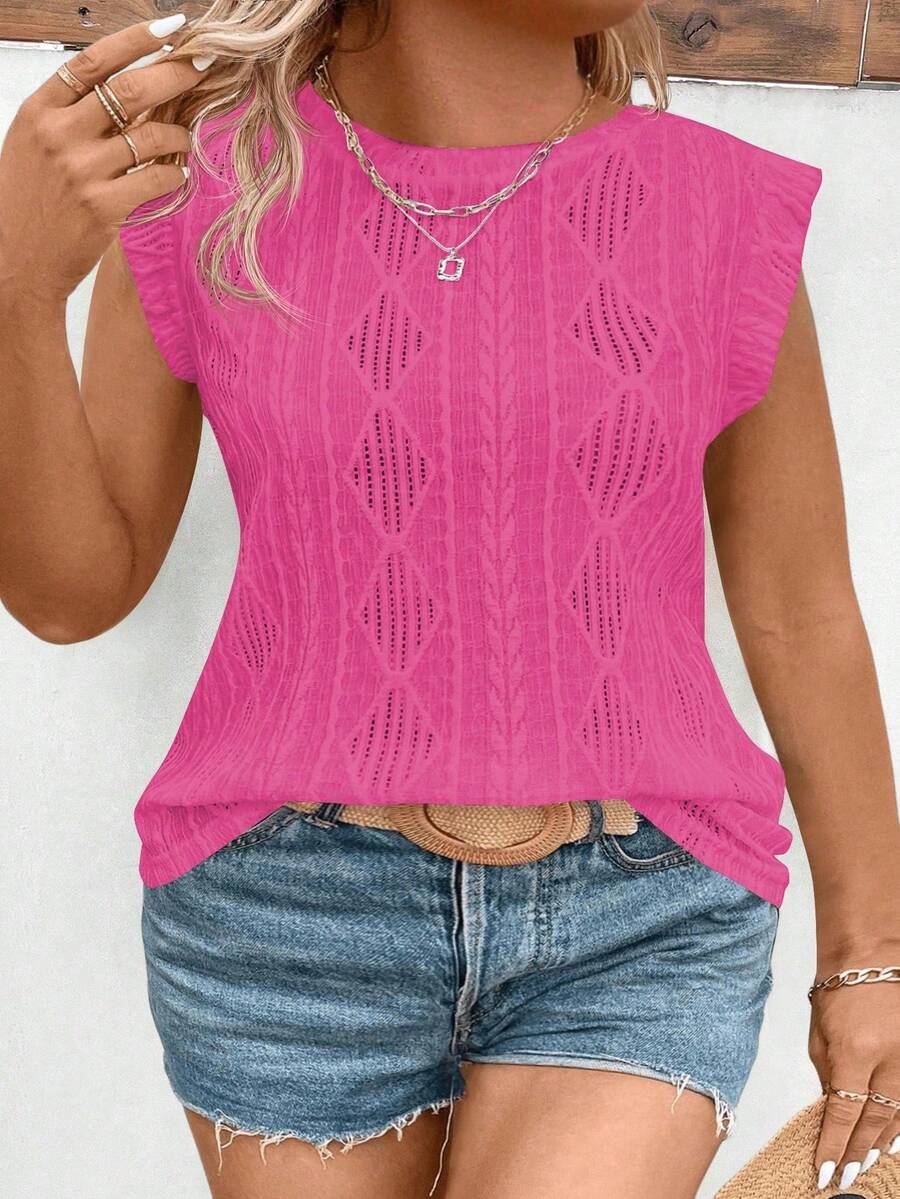 EMERY ROSE Kaos Wanita Kasual Leher Bulat Motif Vintage Merah Mawar Lengan Pendek Bahan Jacquard Bertekstur Ukuran Besar - Berwarna merah muda - View 1