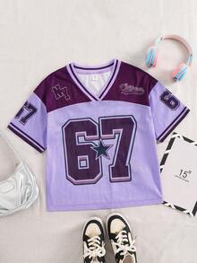 SHEIN 少女秋冬季节日街头风复古透气网眼数字图案棒球衫 少女字母数字图案V领宽松休闲T恤 - 紫色 - 查看 2