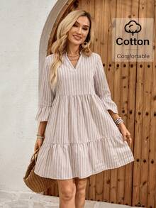 EMERY ROSE Women's Casual Striped Notched Neck Ruffle Hem Short Dress For Summer,Dresses For Women Summer - Multicolor - View 6