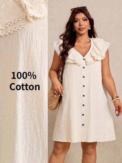 Elaquor Đầm cỡ lớn mùa hè, màu trơn, viền bèo nhún, trang trí cúc.