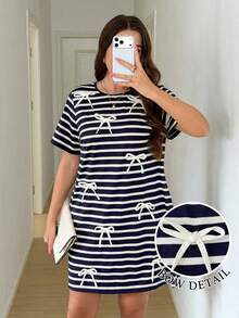 SHEIN LUNE 大码女式蝴蝶结装饰条纹短袖休闲连衣裙 - 彩色 - 查看 2